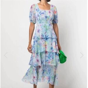 Marchesa Notte Watercolor Floral Tiered Dress